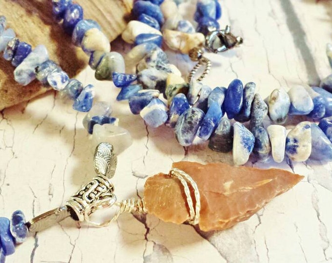 Native Style Gemstone Necklace ~ Best Ready To Ship Handmade Jewelry ~ Bohemian Unisex Chunky Blue Necklace With Native American Arrowhead