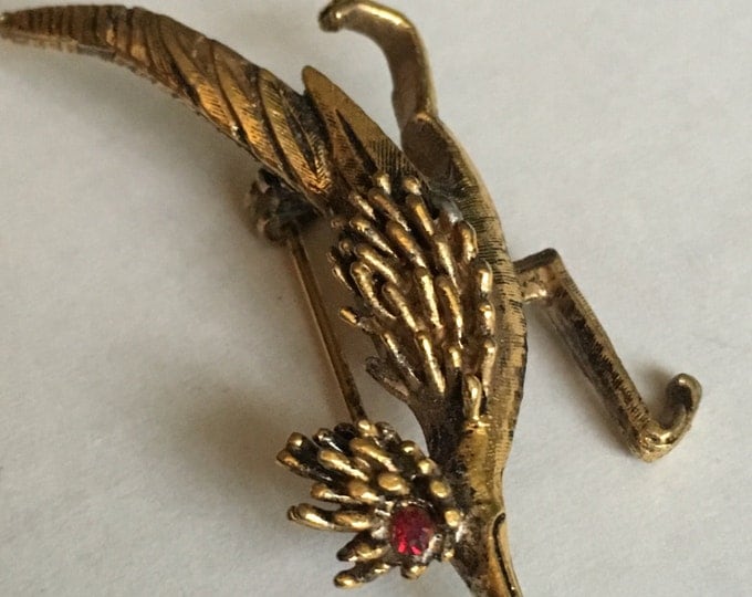 Storewide 25% Off SALE Vintage Gold Tone Petite Roadrunner Cocktail Brooch Pin Featuring Red Rhinestone Birds Eye Accent