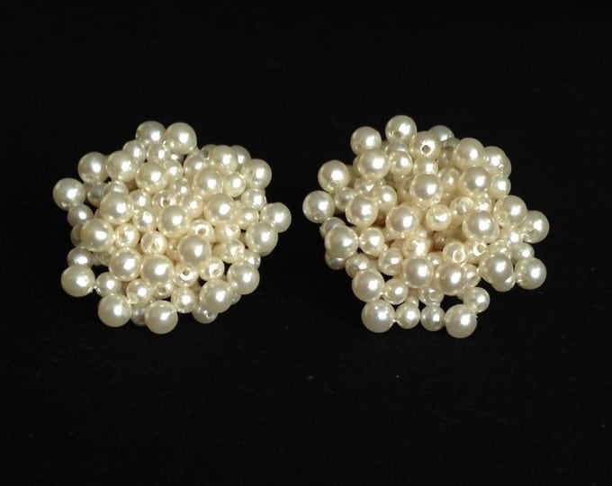 Storewide 25% Off SALE Vintage Creamy Pearl Beaded Floral Rosette Style Designer Pierced Earrings Featuring Elegant Cluster Design