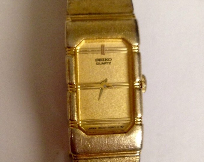 Storewide 25% Off SALE Petite Vintage Brushed Gold Tone Stainless Steel Seiko Ladies Quartz Wristwatch Featuring Elegant Tapered Style Band