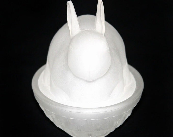 Storewide 25% Off SALE Adorable Vintage White Satin Glass Lidded Nesting Bunny Rabbit Trinket Bowl Featuring Etched Detailed Design