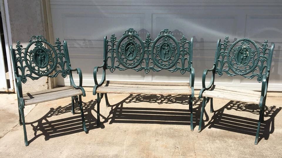 Victorian Heavy Cast Iron Wood Slat Park Bench and Chairs Set