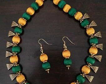 Yellow and Green Silk Thread Jewelry Set Necklace and Earrings Set Silk Thread with hanging Metal Bails Handmade Indian Jewellery Maroon