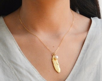 Feather necklace, long necklace,gold necklace,gold feather,layered necklace,boho necklace,gift,feather jewelry- 21143