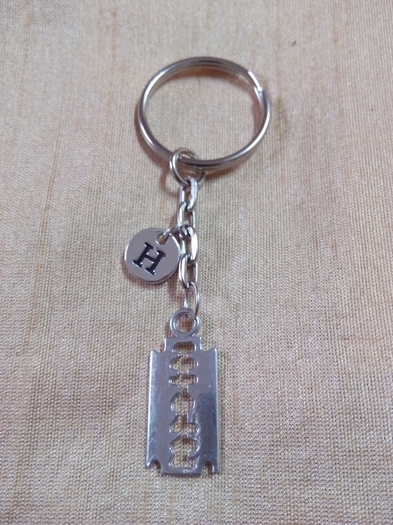 Razor Blade Keychain with Initial Razor Blade Jewelry