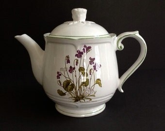 Hand Painted Porcelain Teapot, R B Bernarda, White Teapot with Floral Motif & Green Trim, Made in Portugal, 46 Fluid Ounces