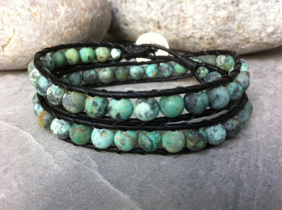 African Turquoise Beaded Bracelet Leather by LilPumpkinBeads