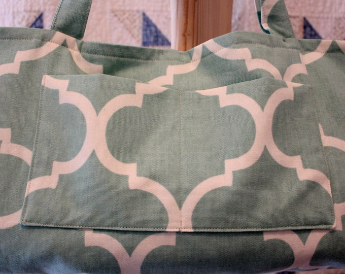 HALF PRICE ** Aqua Canvas Diaper Bag. Seafoam Geometric Print Tote Bag. Lined Reusable Bag. Large Tapestry Purse. Huge Pockets
