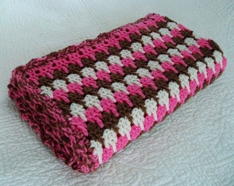 Hand Crocheted Pink and Brown Girl Blanket, Crib Blanket, Snuggle Time, Baby Shower Gift, Play Time, Car Seat Blanket, Stroller Throw,