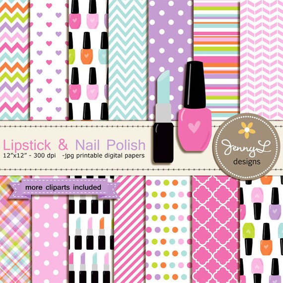 Lipstick and Nail Polish Digital Paper and Clipart, make up Nail color
