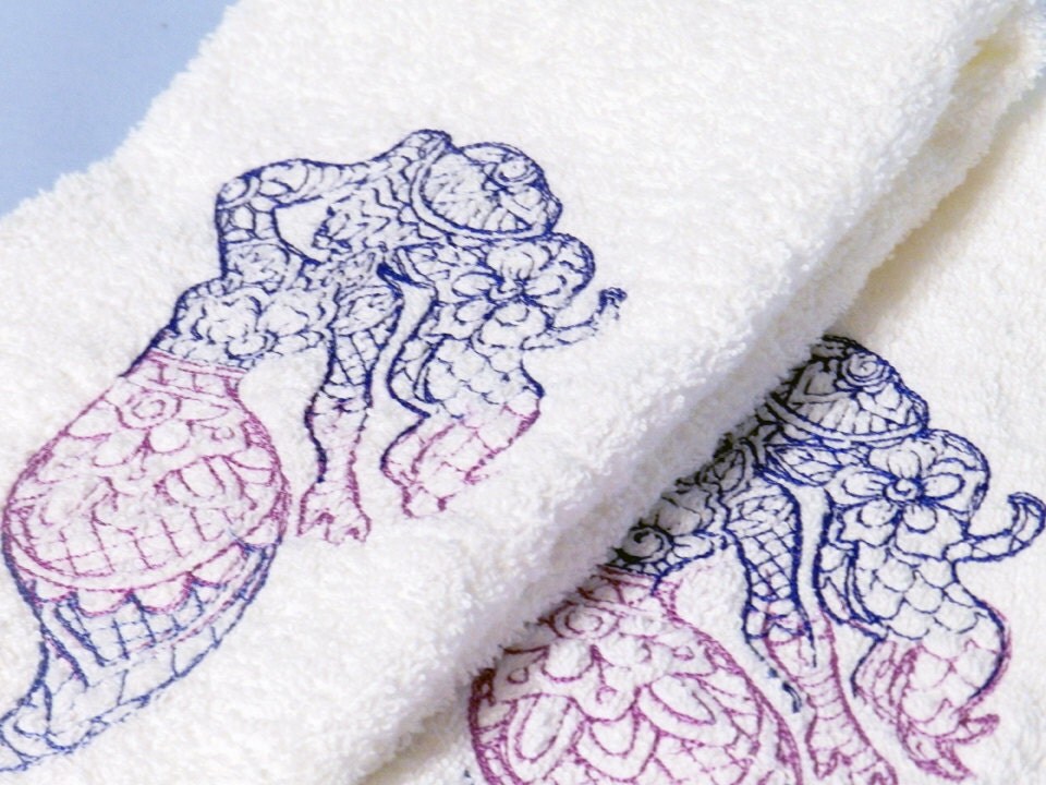 Mermaid Hand Towels Set of Two Mendhi Mermaid Embroidery