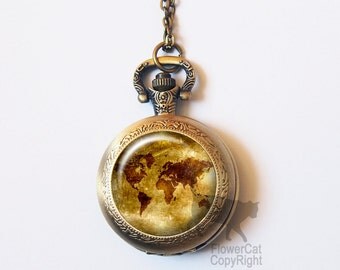 Vintage Map Pocket Watch Necklace, Antique World Map, Gold Nautical Map,Steampunk Gold or Silver Pocket Watch