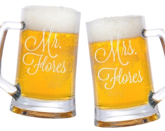 Mr. Mrs. Glass Beer Mugs - 25oz. / Personalized Mug / Engraved Glasses/ Etched / Wedding Beer Mugs/ Couple Gifts / Set of 2 / 48 DESIGNS