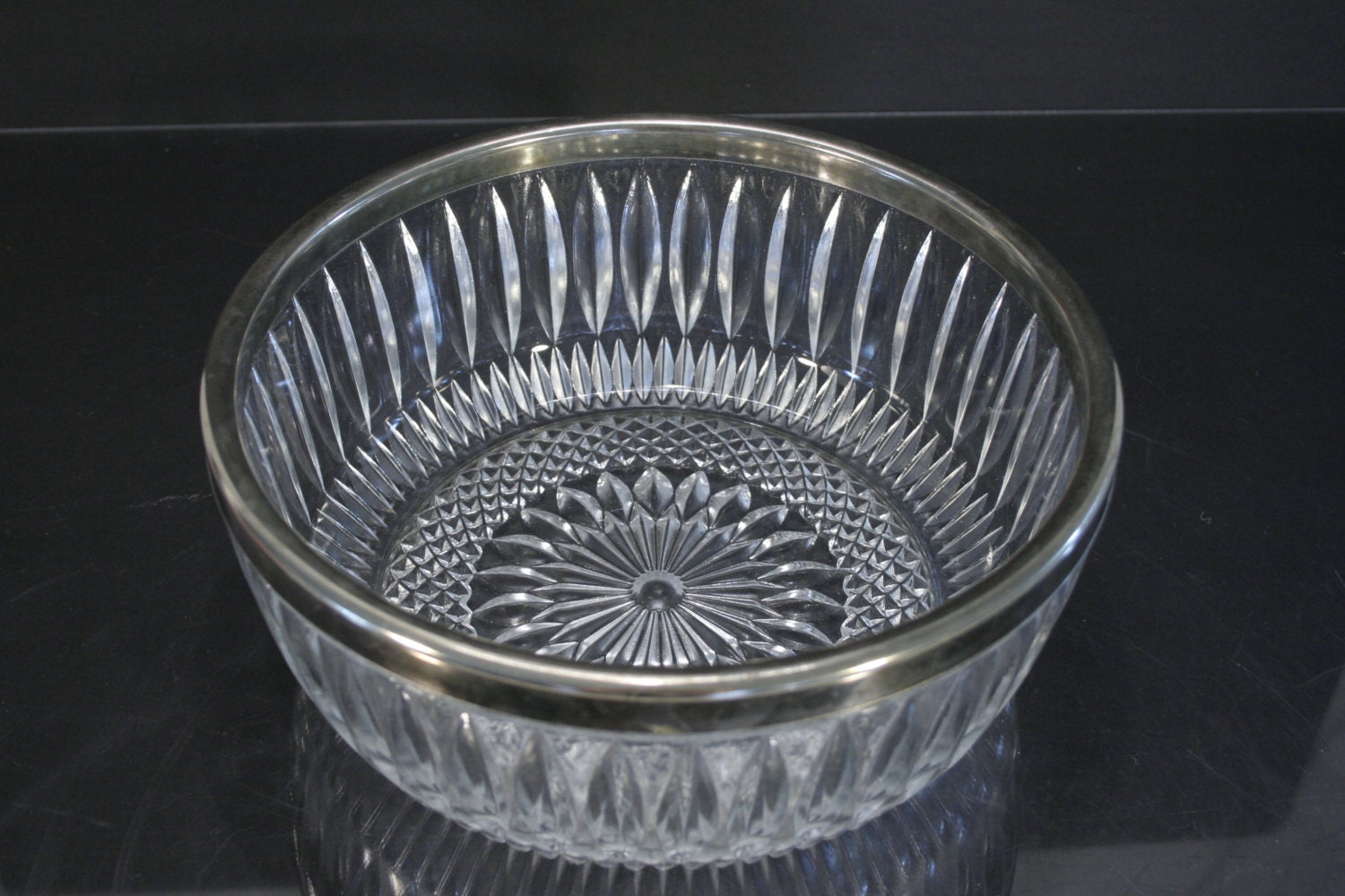 Vintage Cut Glass Bowl with Silverplate Rim Starburst Flower Pattern