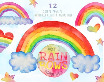 Watercolor Rainbow Clipart, Rainbow Digital Papers, Watercolor Backgrounds, Handpainted Clipart, Rainbow Backgrounds, Colorful clipart, DIY