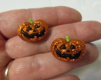 FREE SHIPPING! Halloween Earrings-Halloween Glitter Pumpkin Stud Earrings-Jack O Lantern Stud Earrings