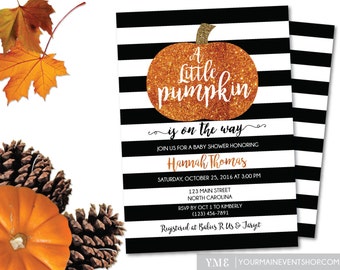Little Pumpkin Baby Shower Invitation • Fall Autumn A Little Pumpkin Is On The Way Baby Shower Invite • Glitter Pumpkin BS-F-02