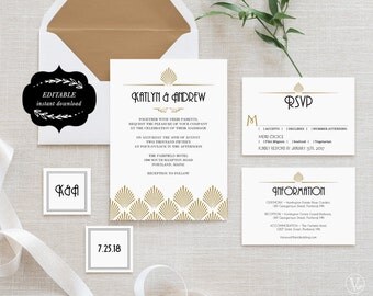 Art Deco Wedding Invitation Template Set, Printable Wedding Invitations, Gold and Black Wedding Invitation - Editable Text - Art Deco Shell