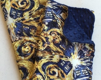 Doctor Who Baby Blanket, Lovey, Minky Blanket, Security Blanket, Exploding Tardis, Starry Night, Navy Blue Minky Back