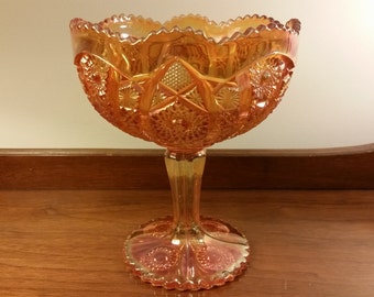 Imperial Iridescent Marigold/Rubigold Carnival Glass Compote Octagon or Imperial Lace Cut Style Vintage