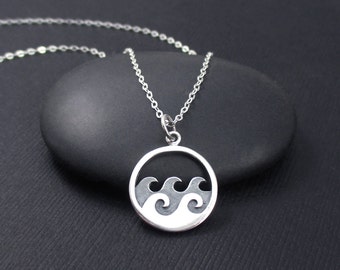 Wave Necklace Sterling Silver Ocean Waves Necklace, Surfer Necklace, Ocean Waves Charm Pendant, Beach Jewelry, Nature Jewelry
