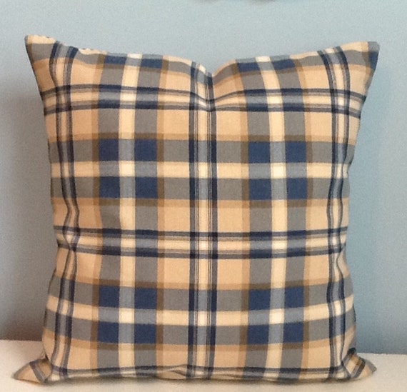 Farmhouse throw pillow cover. Blue plaid. Pillow Ticking.