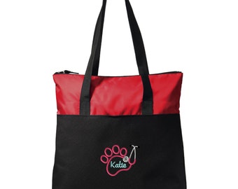 Paw Stethocope Vet Tech Zippered Tote Bag - Monogrammed. Embroidered Veterinarian Tote Bag. Veterinarian Gift. Vet Tech Gift. SM-BG407