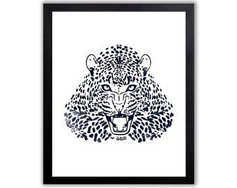 Navy Blue Animal Wall Art, Leopard Painting, Watercolor Wildlife Art, Limited Edition Art Print - BC017