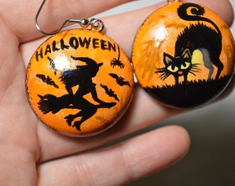 halloween earrings painting Orange wood earrings handpainted jewelry halloween gift handmade wooden orange black gift ethnic Folk earrings