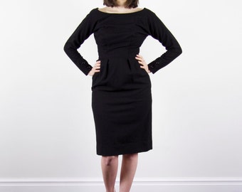 Vintage 1960s Black MAD MEN Dress / Wiggle Dress / Joan Dress / Dipped Button Back / XS/S