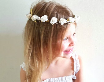 White Flower Crown/ Flower Girl Headband/ Newborn Photo Prop/ Grecian Headband/ Gold & White Crown/ Adult Headband/ Flower Headband/ Bridal