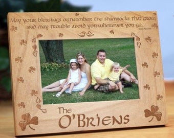 Shamrock Blessings Personalized Wood Picture Frame, Shamrock Blessings Wood Photo Frame, Engraved Irish Wood Photo Frame