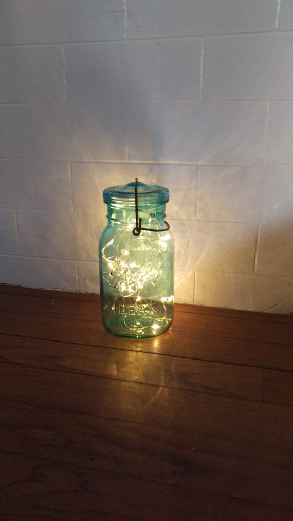 Indoor/Outdoor Vintage Blue Aqua Battery Operated Quart Mason