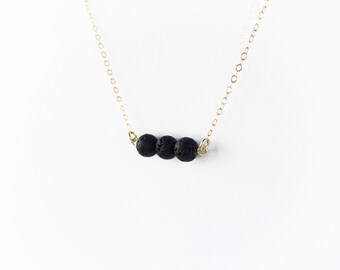Minimalist Triple Lava Bead Essential Oil Diffuser Necklace - Dainty 14k Gold Filled 18" Necklace 8mm