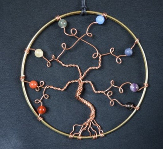 Chakra Tree of Life Twisted wire Hanging Amulet with Crystals