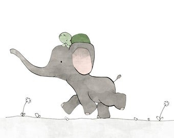 Elephant and Turtle Nursery Art Print - Safari Kids Room, Elephant Drawing, Kids Wall Art, Green and Grey