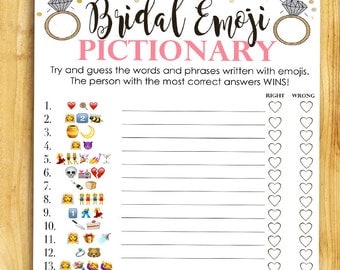 Bridal Shower Game Pictionary - EMOJI Pictionary - Coral and Gold - Instant Printable Digital Download - diy Bridal Shower Printables