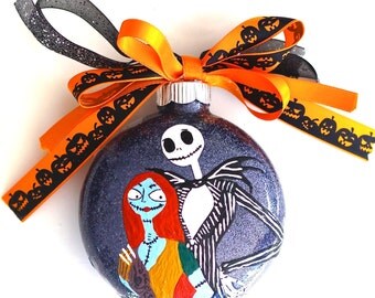 HAND PAINTED Jack Skellington and Sally Halloween Ornament