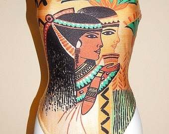 Vintage 80's Novelty Print EGYPTIAN Print Swimsuit // 1980's Cleopatra Egypt // Queen Scene Bathing Suit // RARE Swim Suit