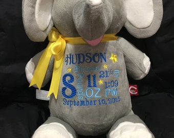 Personalized stuffed animal baby gift, shower gift, announcement,monogrammed, information, photo prop, plush elephant, customized gift