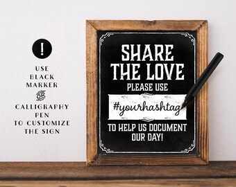 Chalkboard wedding hashtag sign printable. Social media wedding sign. Printable Share the love sign. Chalkboard wedding decor. Ptoto booth