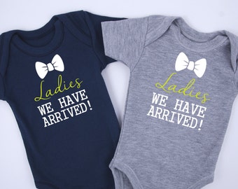 Baby Shower Twins, Ladies We Have Arrived Twin Boy Outfits, Set of 2 - Gray & Navy Blue Bodysuits, Funny Gift For Twin Boys, NB to 12-18 m