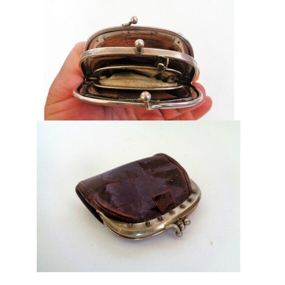 Vintage Deep Red Leather Coin Purse with hidden compartment
