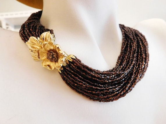 Glass Torsade Necklace Mid Century Vintage Hollywood Glam 1960s Seed Bead Micro Beaded Choker Fancy Floral Rhinestone Clasp Gold Tone Flower
