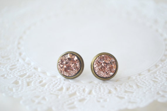 Rose Gold Druzy Earrings Studs Copper Faux Crystal Earrings