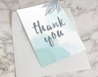 Thank You Card / Printable / Stationary / Instant Digital Download / DIY / Watercolor / Wedding / Mint / Blue / Feather / Silver / Glitter