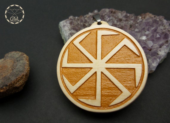 Swarga Pendant Yellow Kolovrat Slavic Symbol Oak Wood