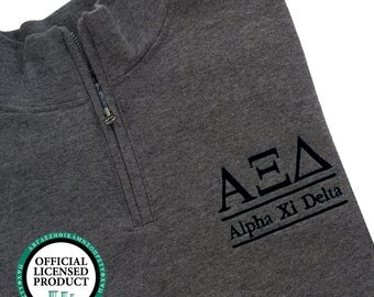 Alpha Xi Delta Quarter Zip Pullover, Alpha Xi Delta cadet fleece pullover, Alpha Xi Delta Sorority Letters and name pullover, Greek Apparel
