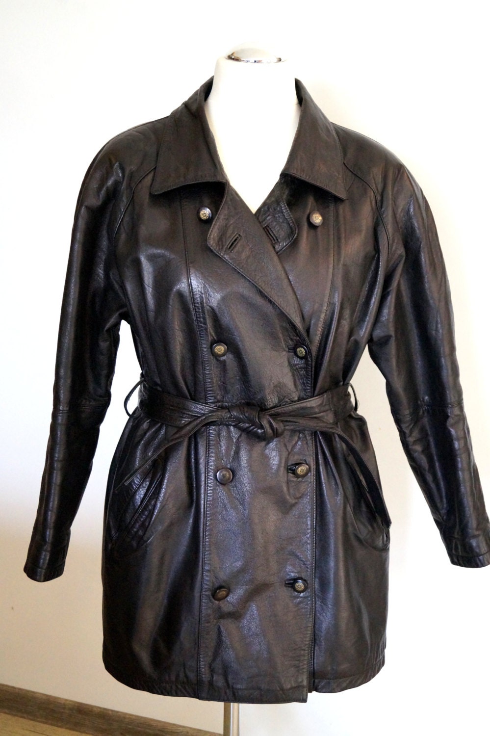 Vintage 90s Leather Trench Coat Black color Leather Jacket