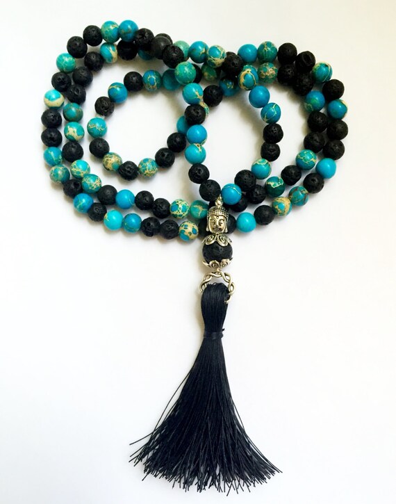 108 Bead Yoga Japa Mala Black Lava Rock / Blue by WildSpiritGems